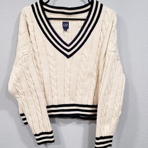 GAP Varsity Cable Knit Cricket Sweater  Cream and Black 100% Cotton Womens XL